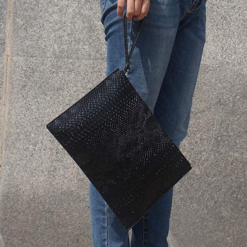 NIGEDU Women Clutches Fashion Snakeskin PU Leather Party Envelope Purse Bag with Hand Strap (Black) - Image 3